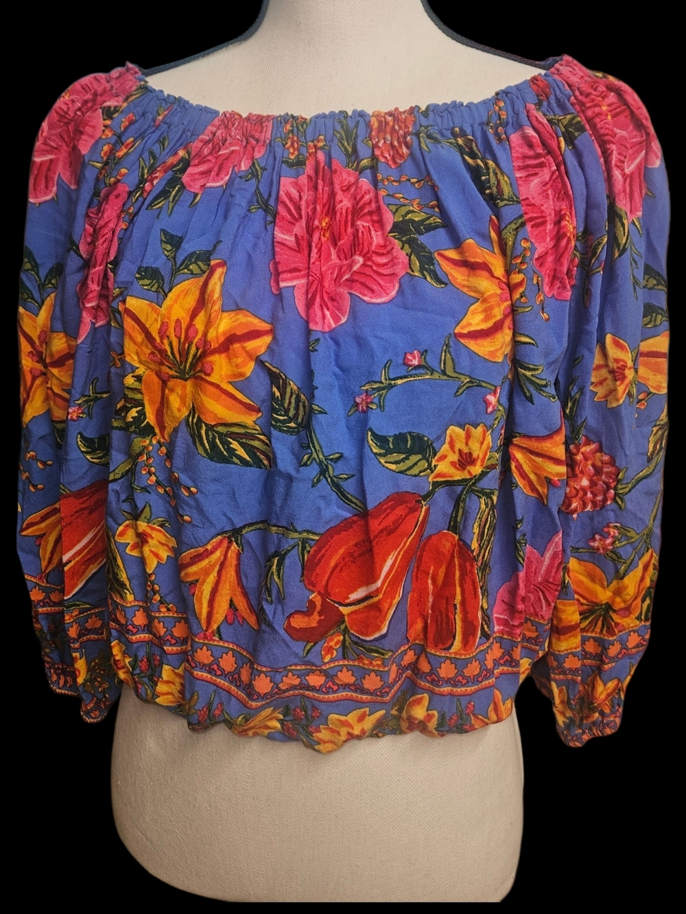 Off-Shoulder Floral Peasant Top in Blue with Pink & Orange Blooms